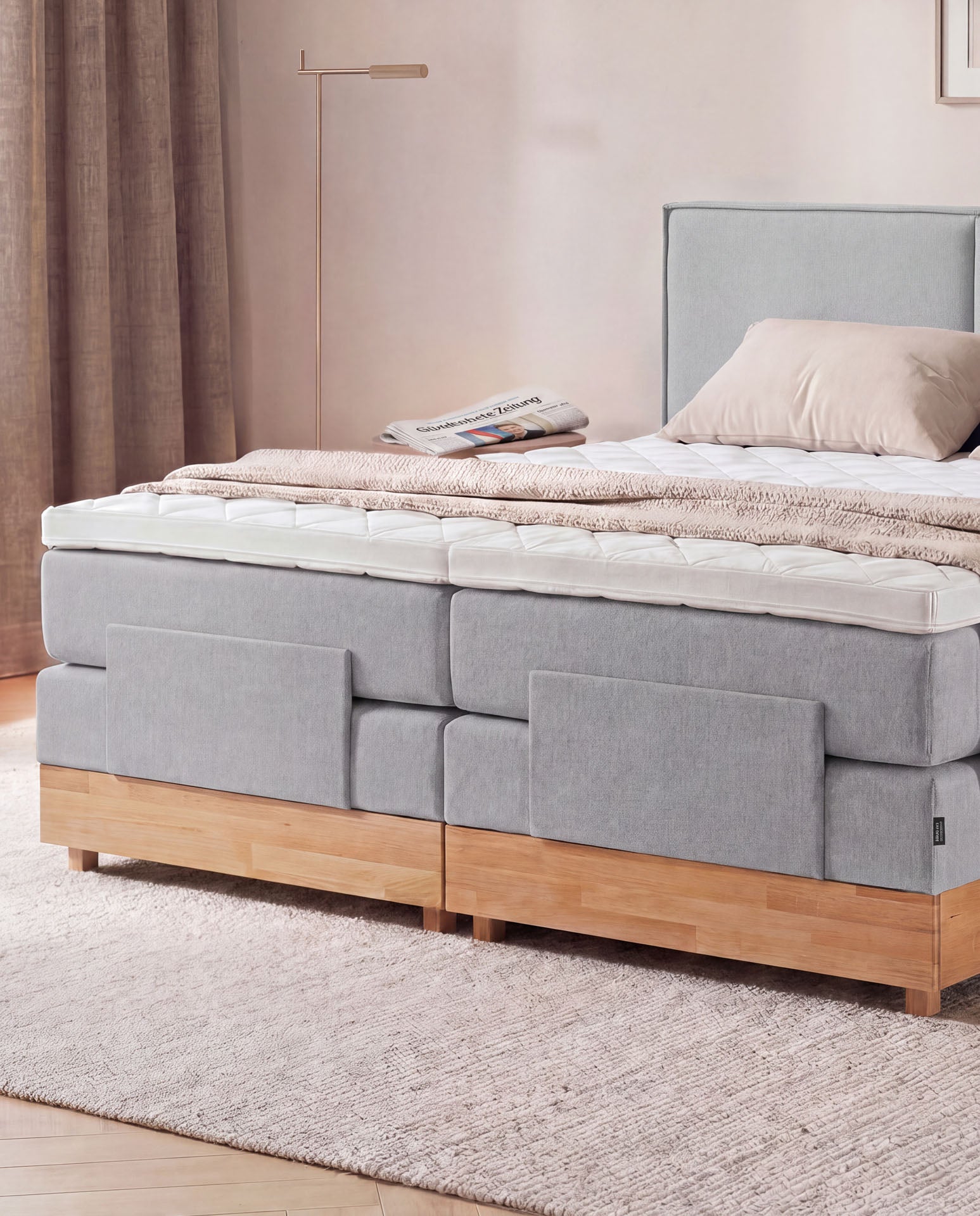 Boxspringbett elektrisch verstellbar Eiche 160x200 180x200 200x200 Hellgrau Motorbett Bett mit Motor Holzrahmen Doppelbett