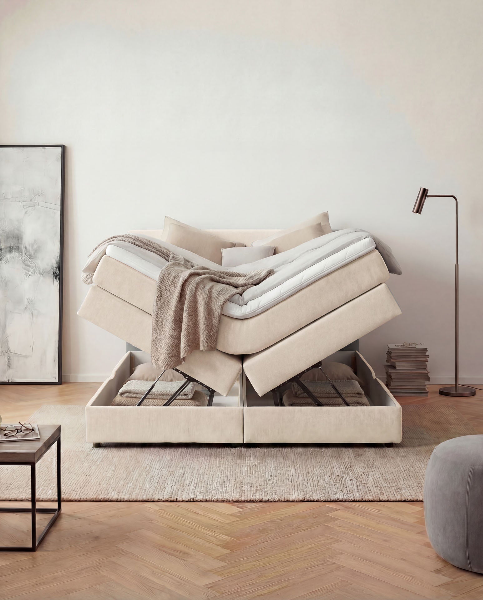 [SKU:LOFT-160-BEI,LOFT-180-BEI] Boxspringbett 180x200 160x200 Bett Bettkasten Polsterbett Doppelbett Motorbett Bett elektrisch verstellbar Bett mit Motor
