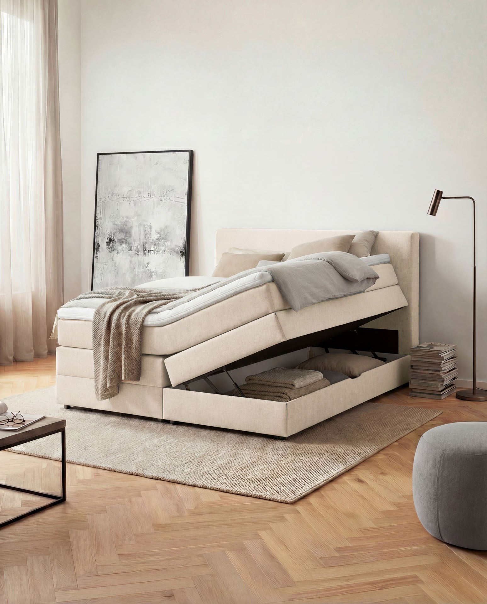 [SKU:LOFT-160-BEI,LOFT-180-BEI] Boxspringbett 180x200 160x200 Bett Bettkasten Polsterbett Doppelbett Motorbett Bett elektrisch verstellbar Bett mit Motor
